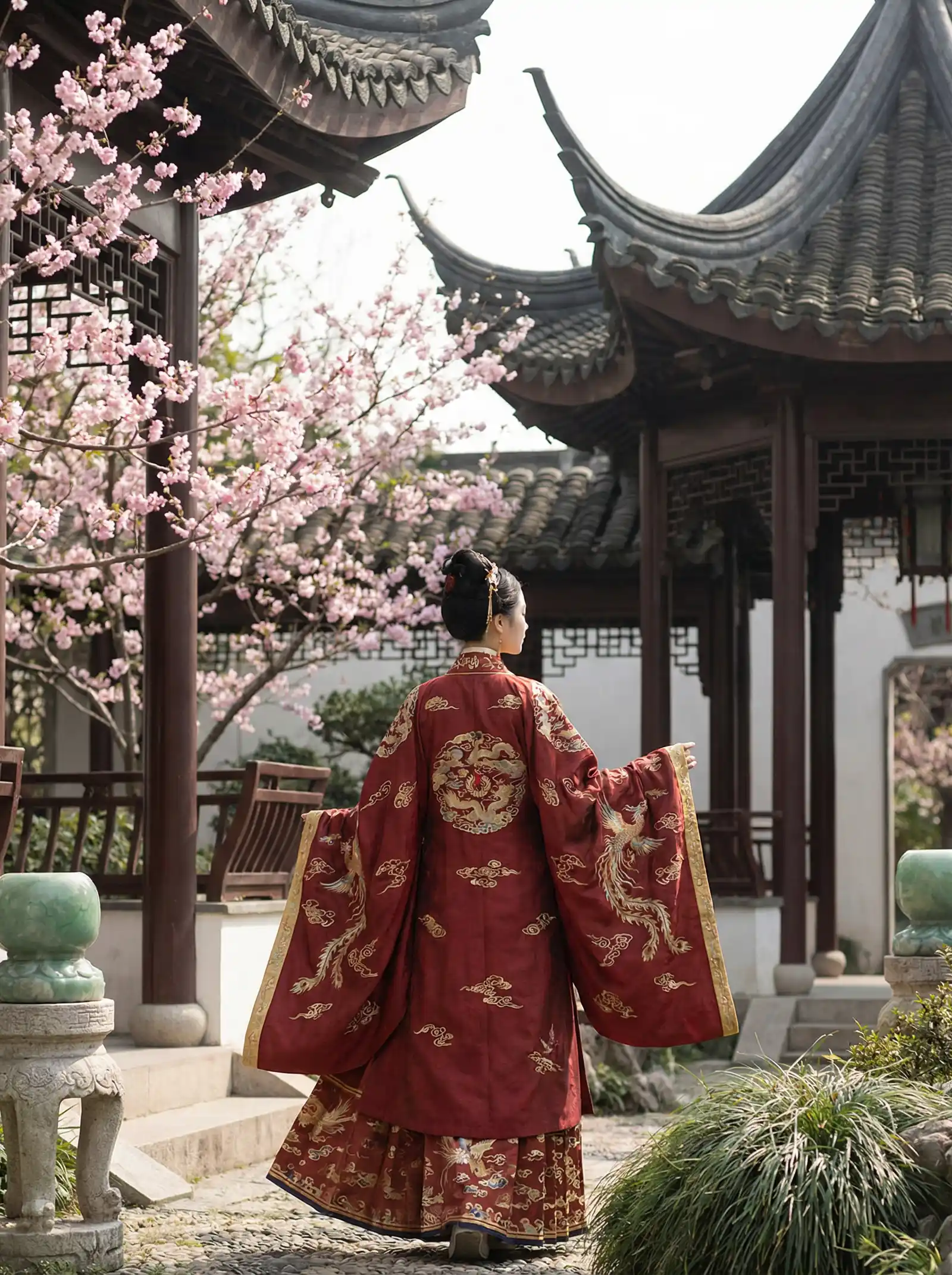 成都黑帽门原图清晰 明制汉服红色凤凰刺绣